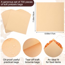 700Pcs Soft Pretzel Bags 6.69 x 7.09 Inch Pretzels Individual Bags Grease Resistant Double Open Paper Sandwich Wrapper Holder for Concession Stands Food Snack Cookie, Brown