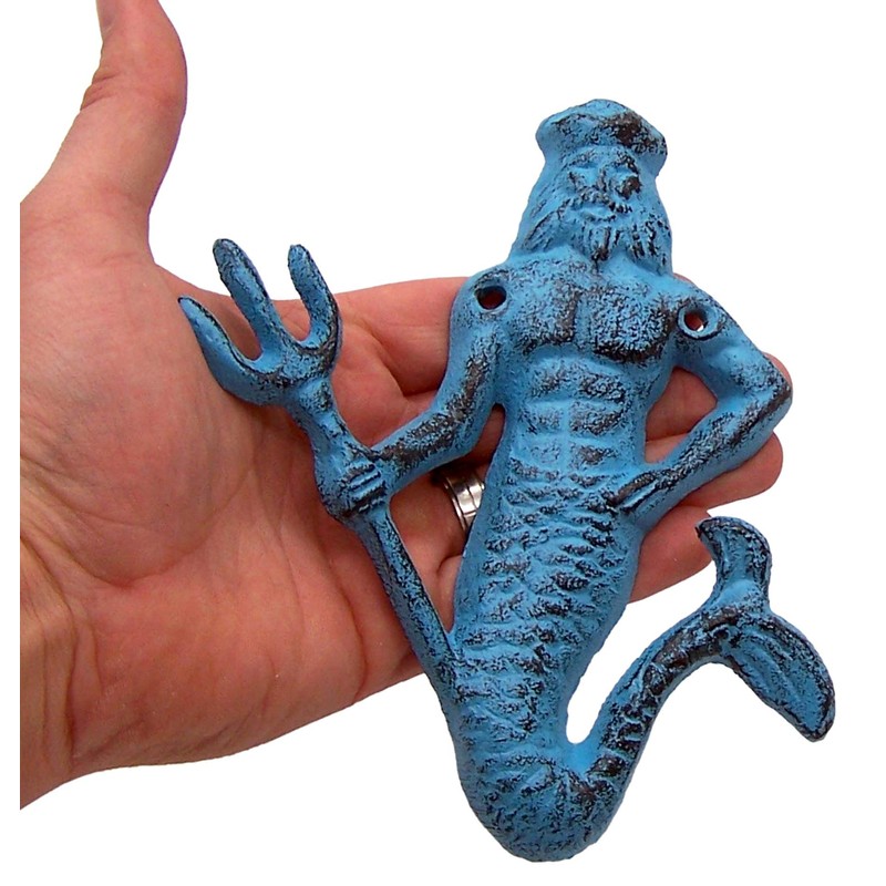 Blue Cast Iron King Neptune Wall Hooks, Set of 2,