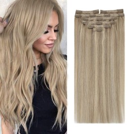 Sunny Clip in Hair Extensions Human Hair Ash Blonde Mix Golden Blonde Highlights 16inch 7pcs 120g Hair Extensions Clip in Human Hair Full Head Blonde Human Hair Extensions Double Weft Soft