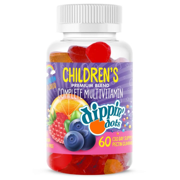 Dippin' Dots - Multivitamin Gummies for Kids (60 Count) | Rainbow Fruit Flavor Complete Multivitamin Chewy Gummies | Premium Blend with Vitamin A, B, C, D3, E, B6, Zinc and More | Vegetarian Non GMO