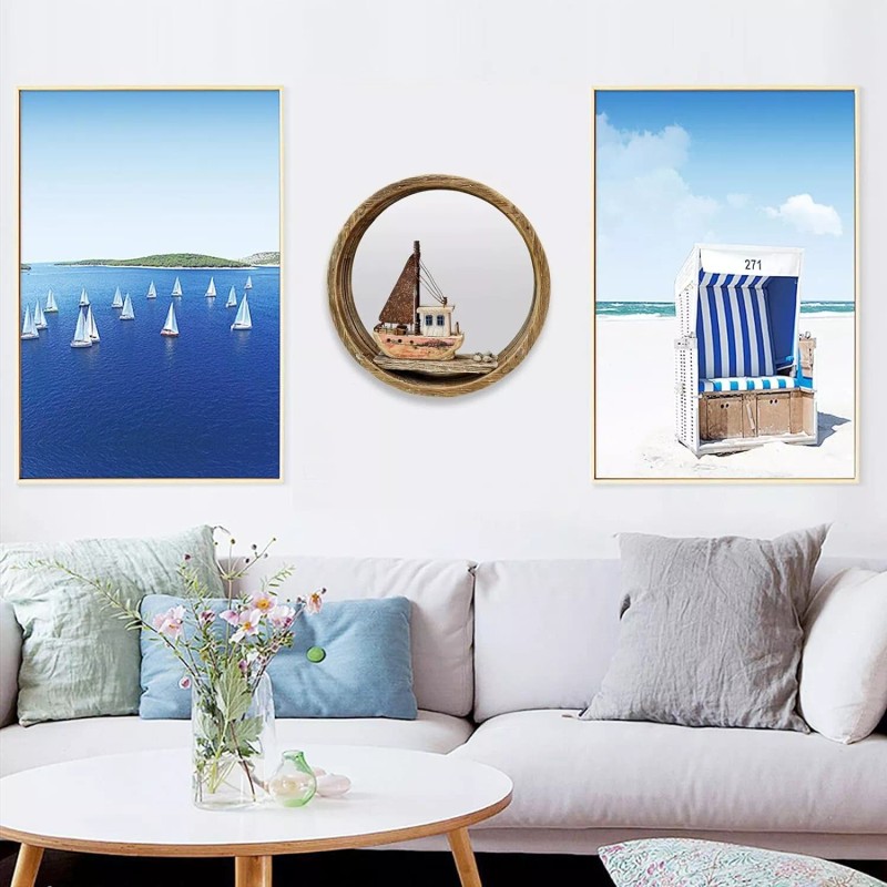 YK Decor Nautical Wood Wall Decoration Hanging Circle Mirror