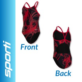 Sporti Light Wave Thin Strap Athletic One Piece Swimsuits - Women's Comfortable and Durable Swimwear for Lap Swimming - Black/Red - 24