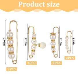 Giantree 8 Pcs Pearl Brooches, Imitation Pearl Rhinestone Brooch Safety Pins, Suitable for Girls Clothing Dress Pants Cardigan Collar Skirt Accessories Waist Extender Decorative Pins (Gold)