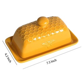 WAIT FLY Ceramic Butter Dish with Lid Honeycomb and Bee Butter Container Butter Tray Butter Keeper for Kitchen Countertop