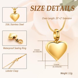 Minicremation Cremation Heart Urn Necklace Ash Jewellery for Women Men Keepsake Pendant Memorial Locket Ash Holder, Stainless Steel, No Gemstone