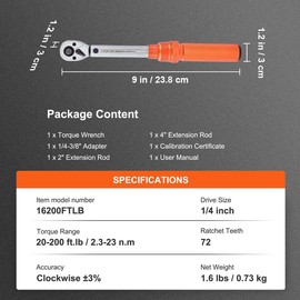 VEVOR Torque Wrench, 10-150ft.lb/14-204n.m 1/2-inch Drive Click Torque Wrench, Dual-Direction Adjustable Torque Wrench Set, Mechanical Dual Range Scales Torque Wrench Kit with Adapters Extension Rod:_10-80ft.lb （13.6-108.5Nm）