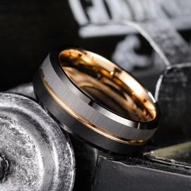 King Will Tungsten Carbide Ring for Men Women Centre Rose Gold Groove Wedding Bands Black Matte Brushed Finish Beveled Edges Inner Plated Rose Gold Comfort Fit 9