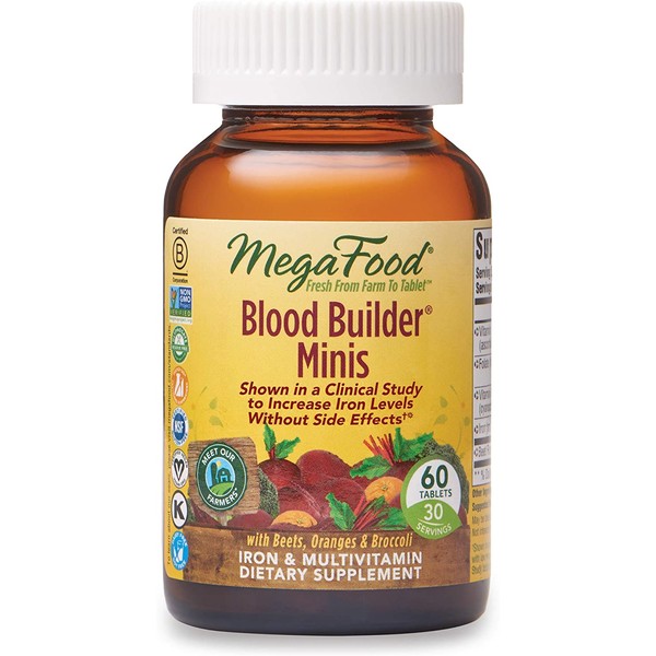 MegaFood Blood Builder Minis - Iron Supplement Shown to Increase Iron Levels Without Nausea or Constipation - Energy Support with Iron, Vitamin B12, and Folic Acid - 60 Tabs (30 Servings)