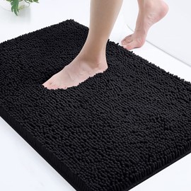 Smiry Chenille Bath Mat, 40 x 60 cm, Non-Slip Super Absorbent Bathroom Mat Extra Soft Fluffy Bath Mats for Bathroom Thick Machine Washable Bathroom Floor Mats Rugs, Black