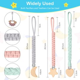 Vicloon Dummy Clips for Baby, 3 Pack Wooden Baby Dummy Clips, Soother Pacifier Chain Holder Clips BPA Free Baby Dummy Chain for Teether Toy or Soothie