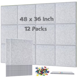 DOLLAR BOSS Large Cork Board for Wall 48" x 36" x 0.5" Bulletin Board 12 Packs Corkboard Tiles Self Adhesive Felt Wall Tiles for Office Home School, Light Grey