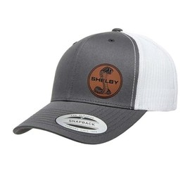 Shelby Cobra Mustang GT350 GT500 Circle Logo Leather Side Panel Patch YP 6606 Snapback Trucker Fitted Cap Grey/White