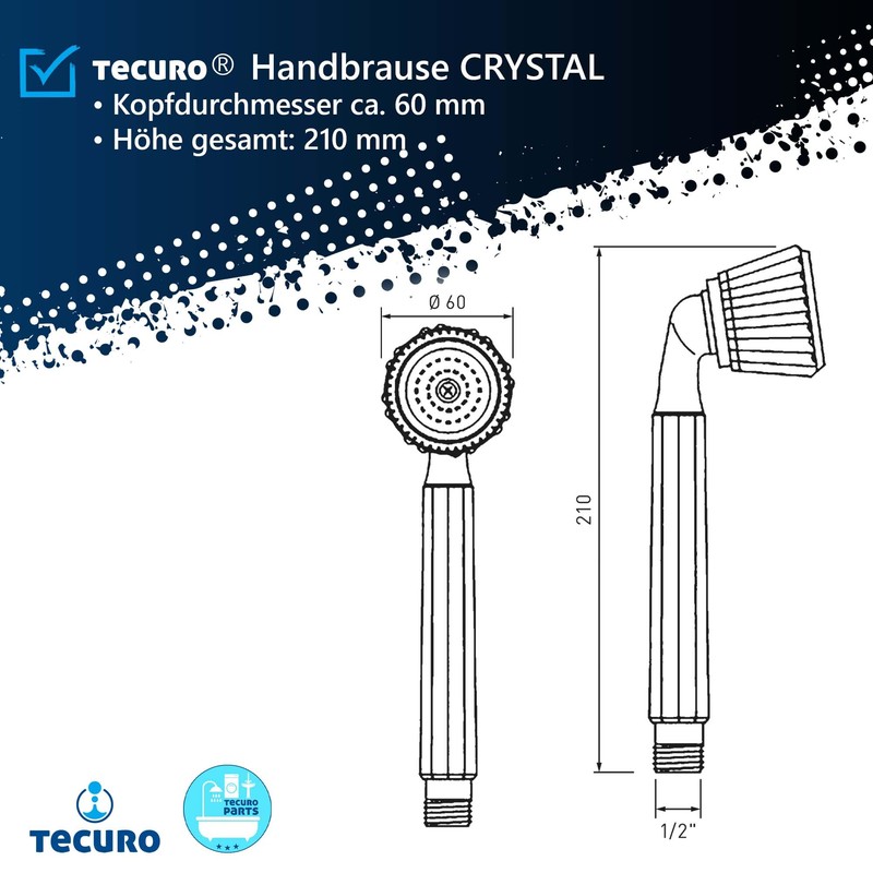 tecuro Crystal Hand Shower Head - Continuously Adjustable - High-Gloss