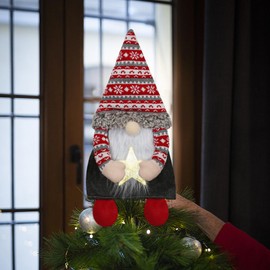 Christmas Tree Topper with Lights,Gnome Tree Topper with Lighted Star Funny Tree Toppers Christmas Decorations Battery Operated Tree Topper with Timer-Red