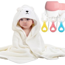 DKDDSSS Children's Bath Poncho, Baby Hooded Towel, Soft, Super Absorbent, Bath Towels with Cute Ears, Bath Towel Baby with Hood, Hooded Towel, Baby, White, Pack of 2
