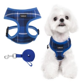 SCENEREAL Puppy Dog Harness with Leash Set for Small Medium Sized Dogs, Soft Mesh Pet Harnesses and Leash, No Chock Plaid Adjustable No Pull Vest for Dogs Cats, Chihuahua,Bulldog (Blue S)