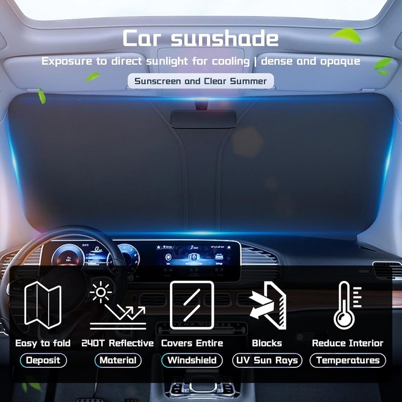 Car Windscreen Sun Shade, 145x80cm Reflective & Foldable Windshield Sun