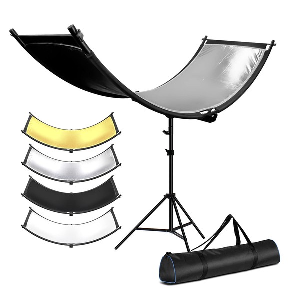 LimoStudio 70 x 24 inch / 5.8 x 2.1 feet [4 Color in 1] Clamshell Lighting Reflector Diffuser Kit, Curved Shape Large Reflector with Tripod Stand in White, Black, Silver, Gold, Photo Studio, AGG2809