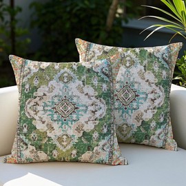 Vorysum Outdoor Cushion Weatherproof 40 x 40 cm Boho Decorative Cushion Covers Vintage Cushion Cover Green Cushion Summer Sofa Cushion for Living Room Bedroom Garden Decorative Set of 2