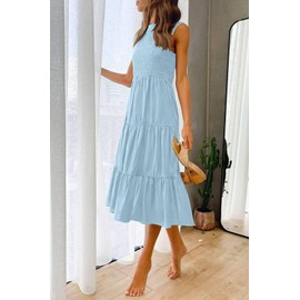 ZESICA Women's Summer Casual Sleeveless Crew Neck Smocked High Waist Flowy Tiered A Line Midi Dress,LightBlue,Small