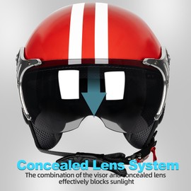 Yesmotor 3/4 Motorcycle Helmets Retro Open Face Scooters Helmet with Clear Visor for Men and Women- DOT Approved（Red White Line,M）