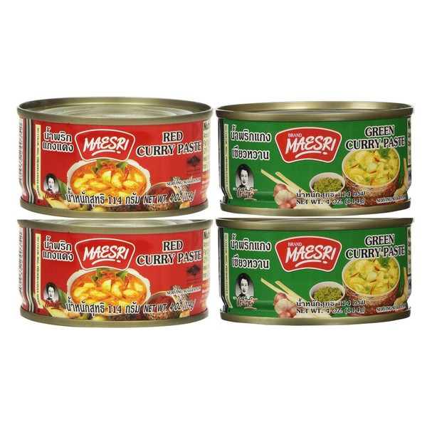 Maesri Thai Curry Paste - Taster Pack - Red Curry Paste (2 x 4oz) and Green Curry Paste (2 x 4oz)
