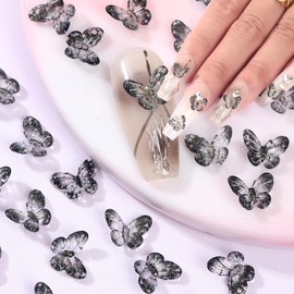 QPRETTY DU 3D Butterfly Nail Charms 90PCS Black Resin Butterfly Nail and Gems Shiny Nails Art Decoration Supplies Accessories for Acrylic Nails DIY