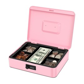Flexzion Cash Box with Combination Lock - Metal Cash Box with Money Tray and Lock - 5-Compartment Money Lock Box for Cash, Petty Cash, Checks, Coins, 11.8"x 9.4"x 3.5", Pink