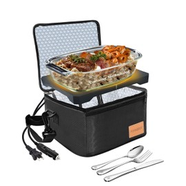 Heated Lunch Box – 80W Electric Lunch Box for Adults, 12V/24V Car & Truck + 110V/220V for Office & Travel – Cooks or Warms Meals, Full Utensils & Premium Carry Bag