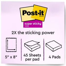 Post-it Super Sticky Notes, 5x8 in, 4 Pads, 2x the Sticking Power, Energy Boost Collection, Bright Colors, Recyclable (5845-SSUC)
