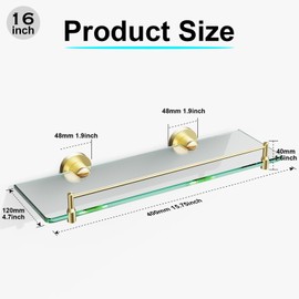 KOCOK Glass Shelf for Bathroom,16-Inch Gold Glass Bathroom Shelf Modern Stainless Steel Tempered Glass Floating Glass Shelf for Wall Mount Accessories