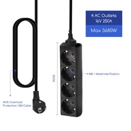 Aigostar Socket Strip, 4-Way Cable, 1.5 m, 16 A, 3680 W, Child Lock, Office, Travel, Black
