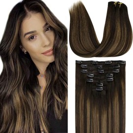 LaaVoo Dark Brown Human Hair Clip in Extensions 14" Balayage Brown to Light Brown Ombre 7pcs 120g Clip in Human Hair Extensions Full Head Double Weft