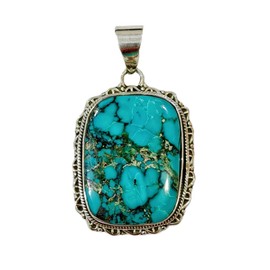 Tibetan Silver Natural Turquoise Gemstone Unique Tribal Gypsy Amulet Pendant for Women Fine Handmade in 925 Sterling Silver Ethnic Boho Fashion Pendant Jewellery, Sterling Silver Gemstone, Stabilised