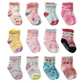 12 Pairs Toddler Girl Grip Socks Non Skid Cotton Crew Socks, Baby Socks Girl Anti Slip Socks for Kids Girls (12 Pairs, 1-3 Years)