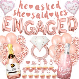 Xietaea Rose Gold Engagement Decoration Set - 60 Pieces Engagement Decoration with 'Engaged' Foil Balloons Banner, Heart Balloons, Ring Balloons for Engagement Party and Bachelorette Party