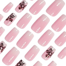 Glitter Press on Nails Short Square Fake Nails with Black Flower Designs Pink White Gradient False Nails Full Cover Spring Florals Acrylic Nails Stick on Nails for Women Nail Art Manicure 24 Pcs