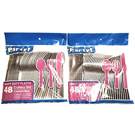 Greenbrier Steel Gray/Silver Tone Party/Picnic Plastic Cutlery Sets - 32 Spoons, 32 Forks, 32 Knives - 2 packs of 48 each, 96 pcs total