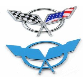 Pair Set Front & Rear Crossed Flags Emblems Car Badge Replacement for 1997-2004 Corvette C5 19207384 19207385 (US Flag-Chrome)