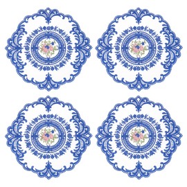 uxcell 4Pcs Retro Lace Placemats, French Crochet Doilies Round Embroidered Hollow Cup Vase Table Mat for Dining Table Kitchen Party 11.02x11.02inch, Sapphire Blue