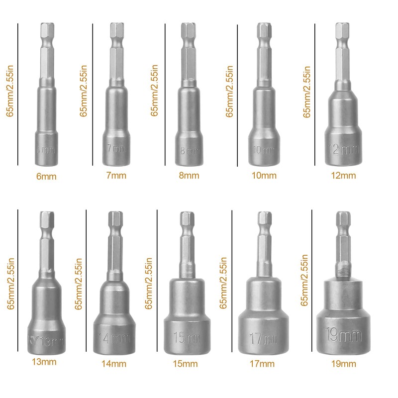 10 Pcs Magnetic Hexagon Socket CTDMJ 6-19mm Hex Shank Magnetic