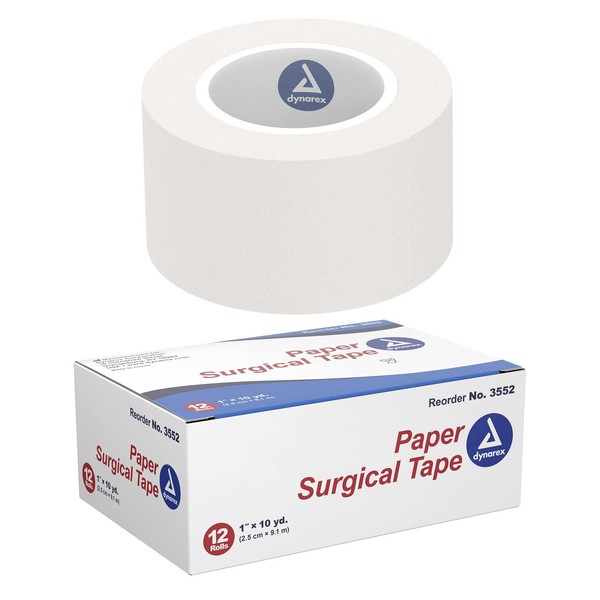 Dynarex Paper Surgical Tape, Use to Secure Wound Care with Medical Gauze, Dressings, and Non-Adherent Pads, First-Aid Kit Essential, White, 1” x 10 yds, 1 Box of 12 Rolls of Paper Surgical Tape