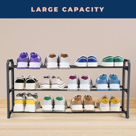 happhom Shoe Rack, 3-Tier Expandable Shoe Rack for Closet Floor, Shoe Organizer, Space Saver Shoe Shelf with Smart Design, Small Shoe Rack for Entryway, Cabinet and Small Spaces, Dark Grey (CSR-01)