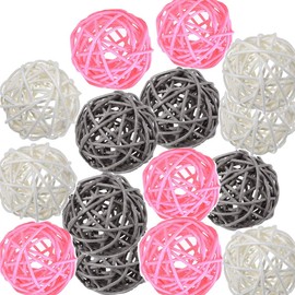 Decorative Wicker Rattan Balls 15pcs-Ins Style Color Decor for Vase Filler Wedding Birthday Party Table Decoration, Artcraft and Kindergarten Decor-White Pink Grey