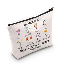 Christian Makeup Bag Religious Gift Bible Verse Gift Whatever is True Wildflower Philippians 4:8 Floral Bible Zipper Pouch Bag (MB, Philippians 4:8-PY2)
