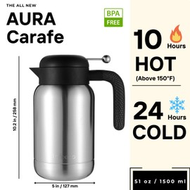 Aura Thermal Coffee Carafe - Vacuum Insulated Stainless Steel Tea Pot & Water Pitcher, Keeps Drinks Hot or Cold, BPA-Free, Beverage Dispenser Thermos - 51 oz Stainless