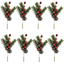 kfeity 8PCS Red Berry Stems Pine Branches with Snow Artificial Christmas Picks Christmas Simulation Pine Needle Small Berries Pinecones for DIY Garland Wreath Embellishing and Home Garden Decoration