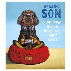 Pigment Productions Amazing Son Funny Birthday Card - Happy Place - Dog With Headphones and Game Controller - Eco-Friendly