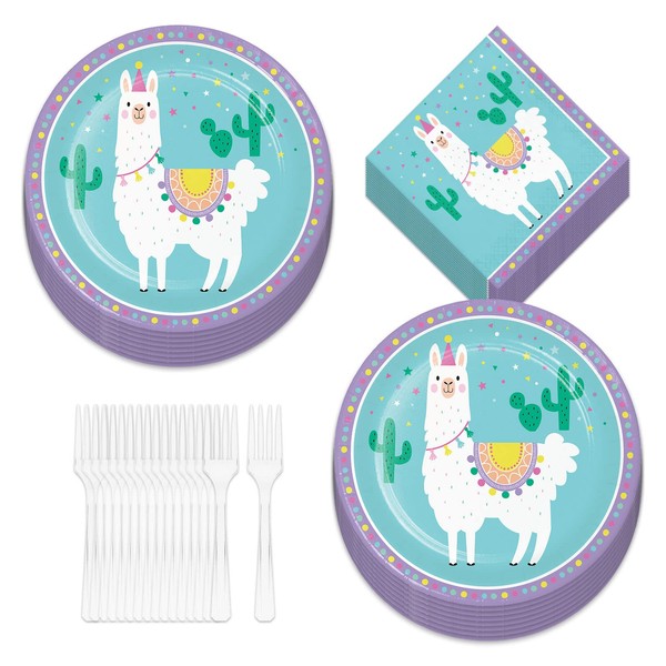 Llama Party Supplies - Llama Fiesta and Cactus Paper Dinner Plates and Luncheon Napkins (Serves 16)