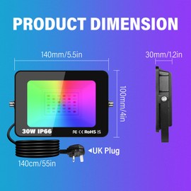 RIGIDON 1X 30W Smart Outdoor RGB LED Floodlight with Plug, APP Remote Control, Dimmable Colour Changing Flood Light for Garden Courtyard Landscap Party Stage Decoration, IP66 Electric Mains Powered
